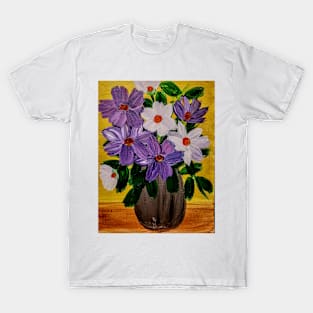 Abstract purple and white floweres im a silver vase T-Shirt